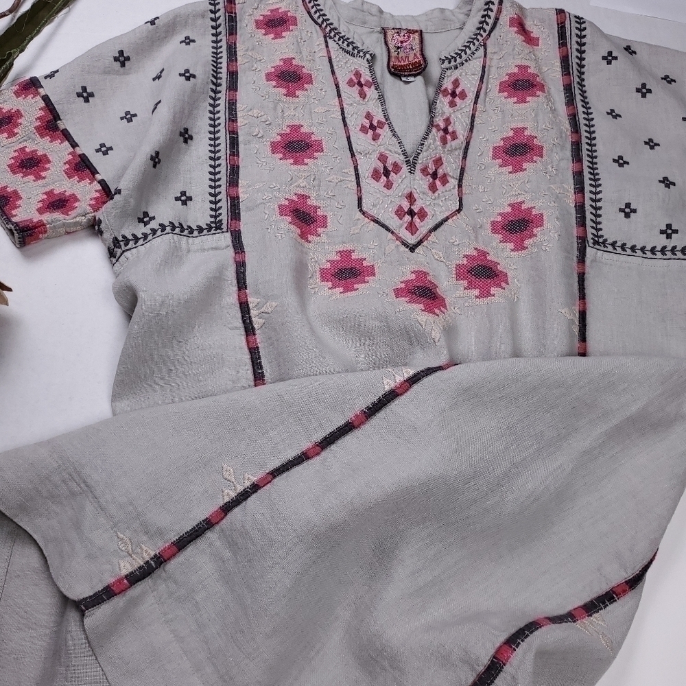 Johnny Was Gray Linen Pink Embroidered Tunic Dress Sz S - Picture 9 of 16